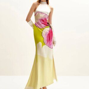 Olivia Floral Halter Gown JW Pei Green Pink Yellow Multicolor Orchid